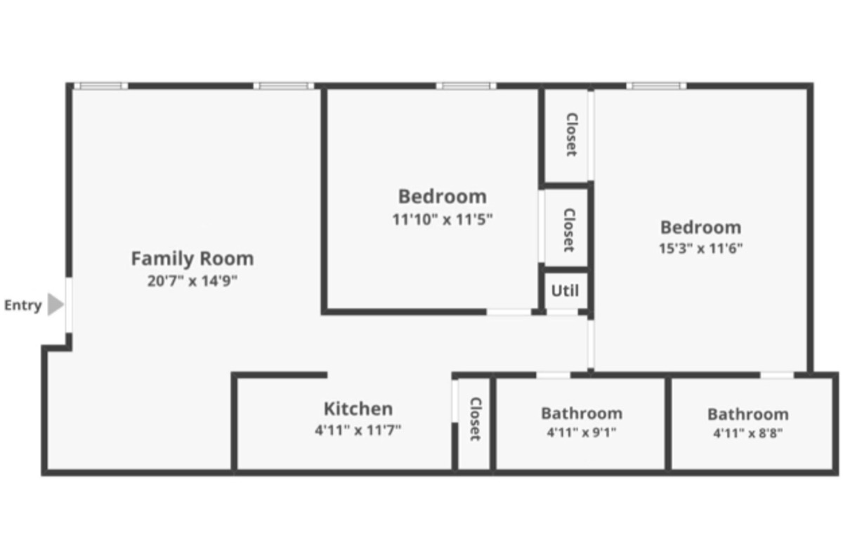 Floor plan diagram: two bedrooms, two baths, open family room and kitchen